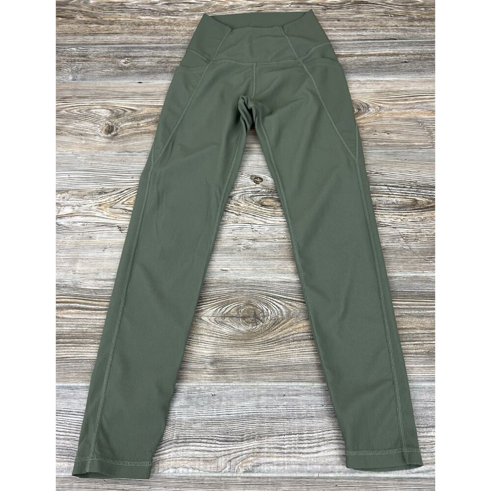 Wilo The Label Ribbed High-Rise Leggings Size XS Olive Green‎ 24" Inseam Pockets
